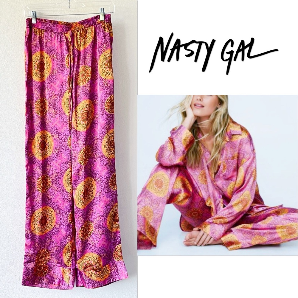 Nasty Gal NEW Tile Print Pajama Satin Lounge Pants Pink &  Gold Floral Size 8